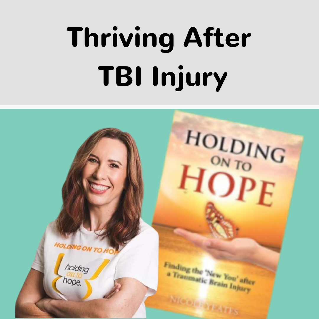 A woman beside the book cover Holding on to Hope, about traumatic brain injury recovery