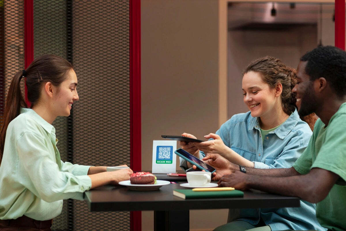 People at a cafe table scanning a QR code on their phones
