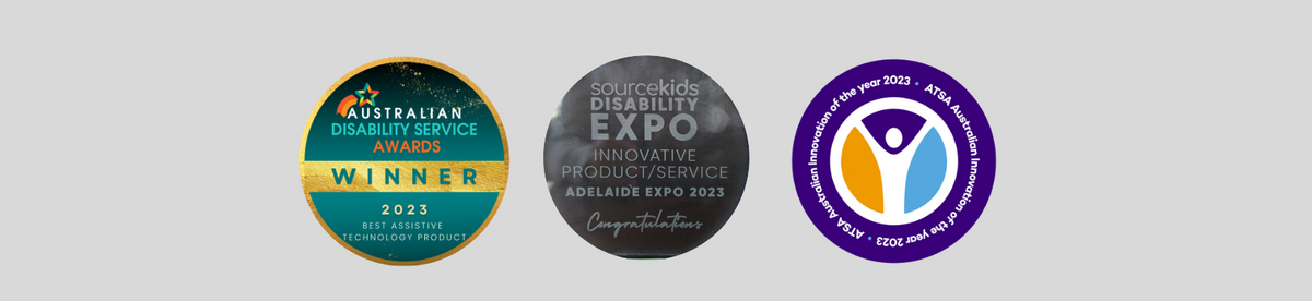 Three award badges for Lusio Rehab's 2023 assistive technology innovation