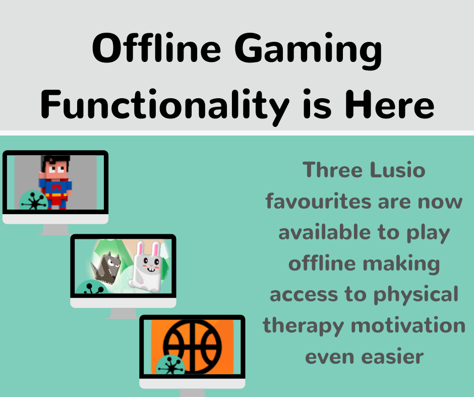 Three screens showing the superhero, wolf-and-rabbit and basketball Lusio games