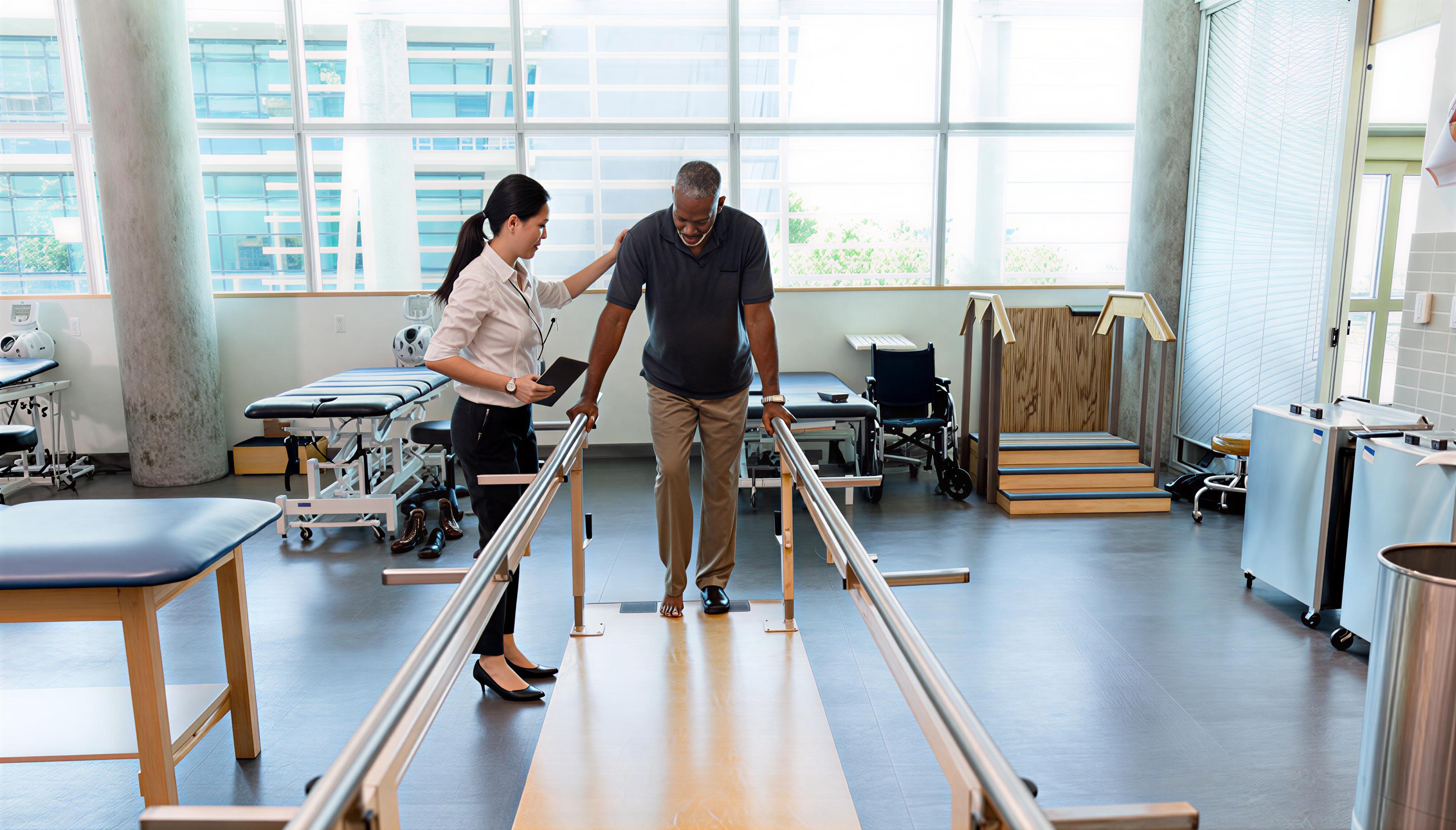 A physiotherapist helping a man walk between parallel bars